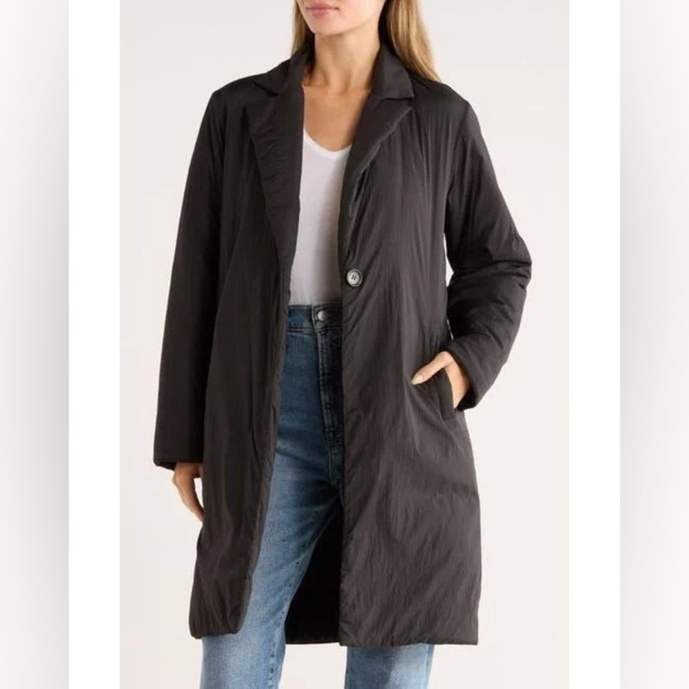 Bernardo Black Lightweight Longline Coat Size M Single Button Minimal Trenchcoat